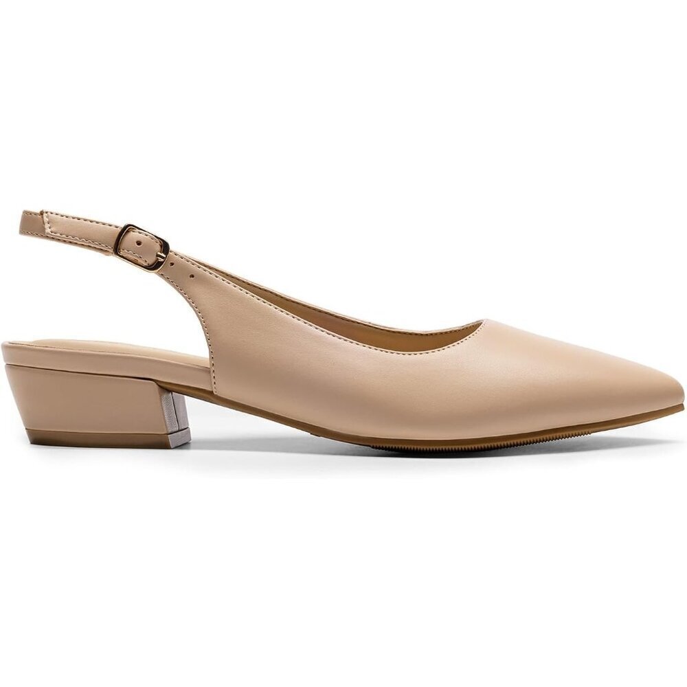🆕Women Sling back Heel Pointed Closed Toe Low Block Pump Nude Faux Leather Part - Picture 2 of 7